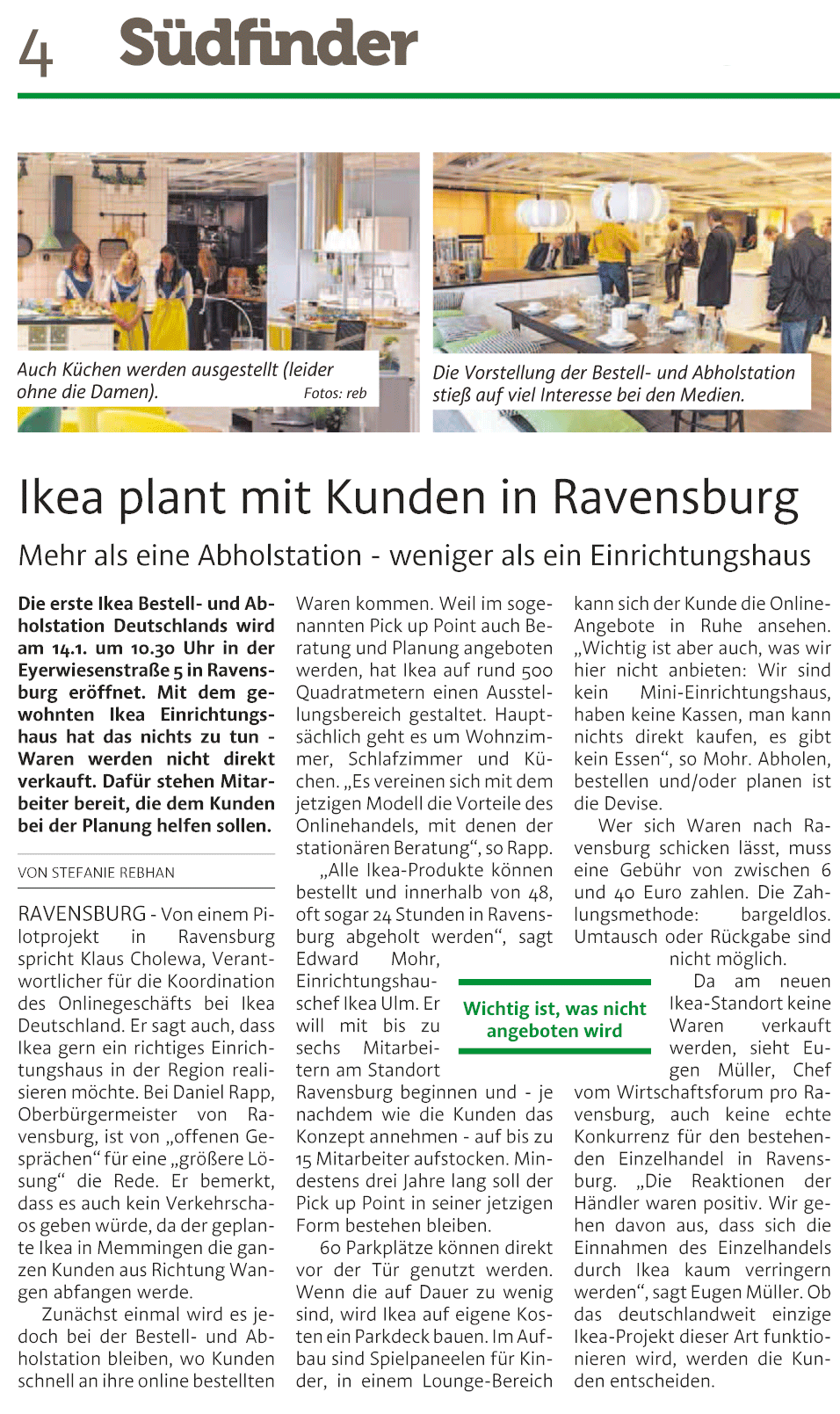 Artikel über Eröffnung einer Abholstation im IKEA Ravensburg, Quelle: Südfinder, Feb. 2016